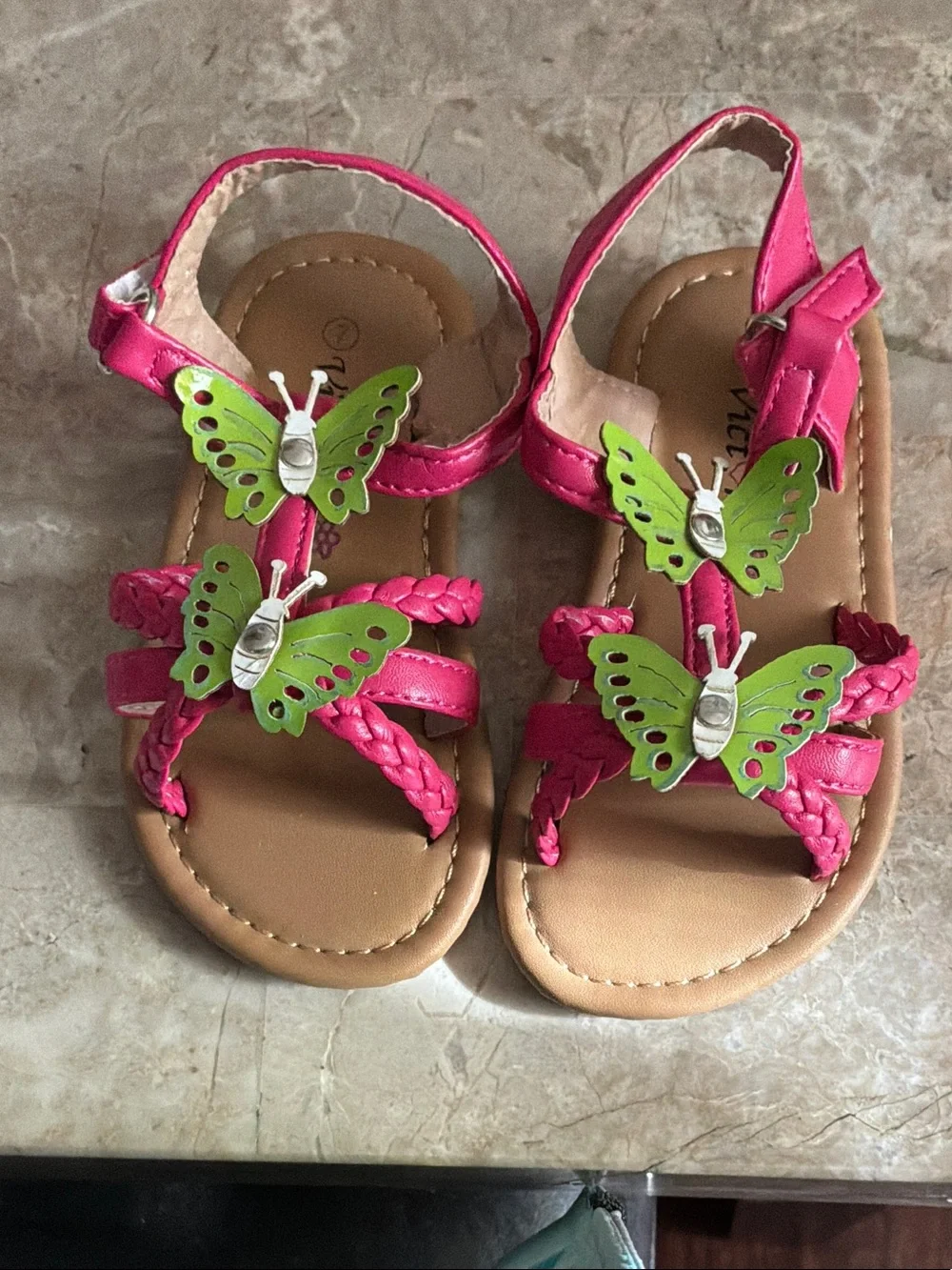 Girls' Pink Sandals with Green Butterfly Accents Size 7